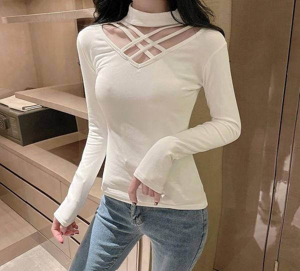 

women's t-shirt 2021 women slim full sleeve halter v-neck tee shirts lady stretchy soft t-shirts for girls autumn spring, White