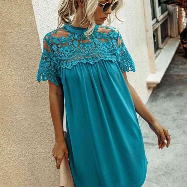 

summer the new dress chiffon lace loose women's solid dress fashion slim short-sleeve lace women's dress 210331, Black;gray