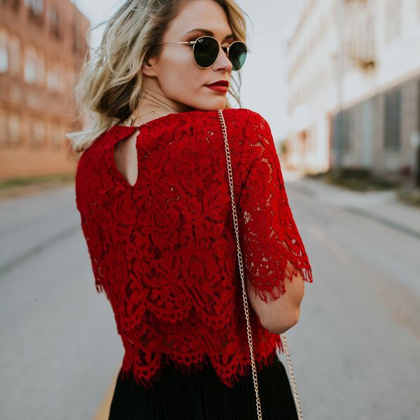 

fashion women loose sleeve floral short sleeves blouse casual lace shirt, White