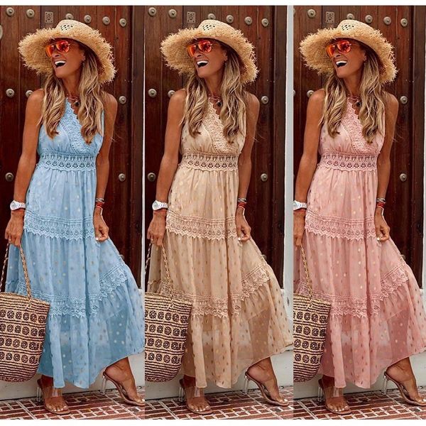 

suits women summer fashion tank sleeveless dot print a-line lace casual beach wedding plus size ladies dress, Black