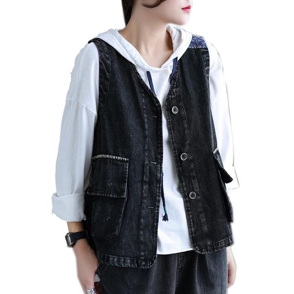 

women's vests women denim jacket outwear sleeveless v neck retro vintage casual street vest for spring autumn solid a08201058, Black;white
