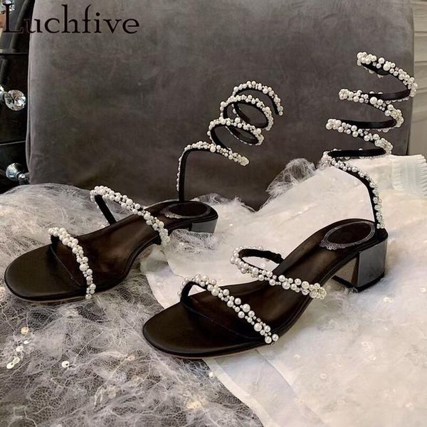 

sandals designer pearl decorate ankle wrap women square heel real leather shoes party bridal wedding female 2021, Black