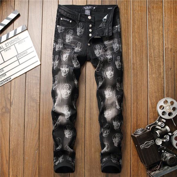 

men's jeans fashion pants hole trousers casual patch spell color straight twwj, Blue