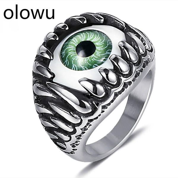 

wedding rings olowu trendy men's stainless steel vintage silver evil eye ring punk hip hop devil eyeball halloween party jewelry for me, Slivery;golden