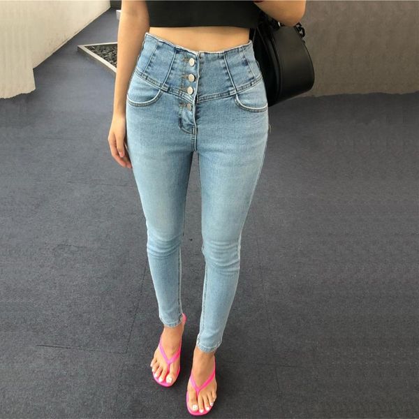 

korean fashion women elastic jeans high waist slim fit retro wash pencil autumn stretch wrap hip women's, Blue