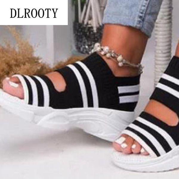 

woman sandals shoes summer style pumps wedges platform peep toe fashion striped knit upper breathable gladiator plus size 36-43, Black