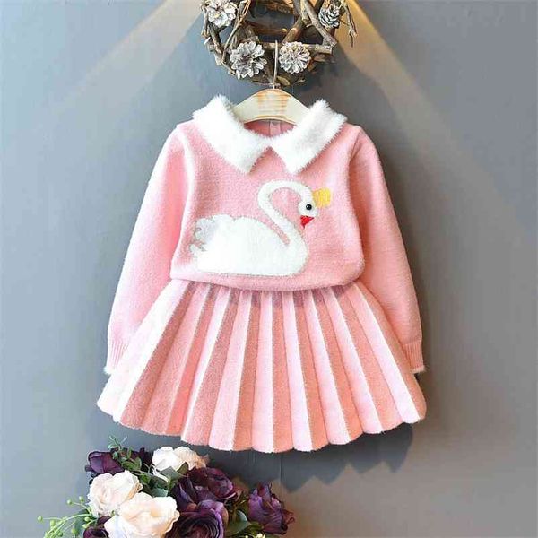 

winter girls clothes set baby sweater swan printed pink blue 2pcs fall girl clothing children costume 210429, White
