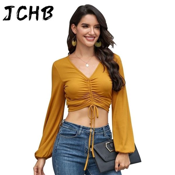 

women's t-shirt v neck long sleeve crop women casual drawstring lace up autumn lantern solid slim short streetwear, White