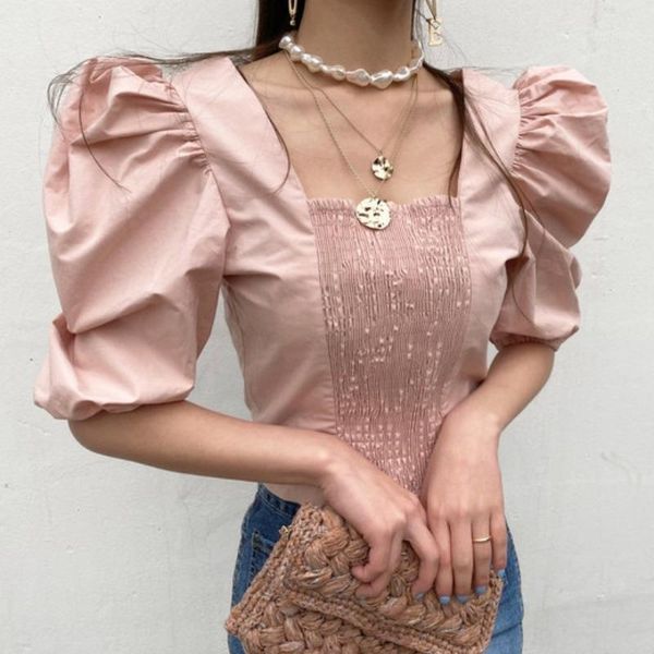 

summer womens clothing vintage lace up puff sleeve crop shirt square collar solid blouse pink black blusas hipster women's blouses, White