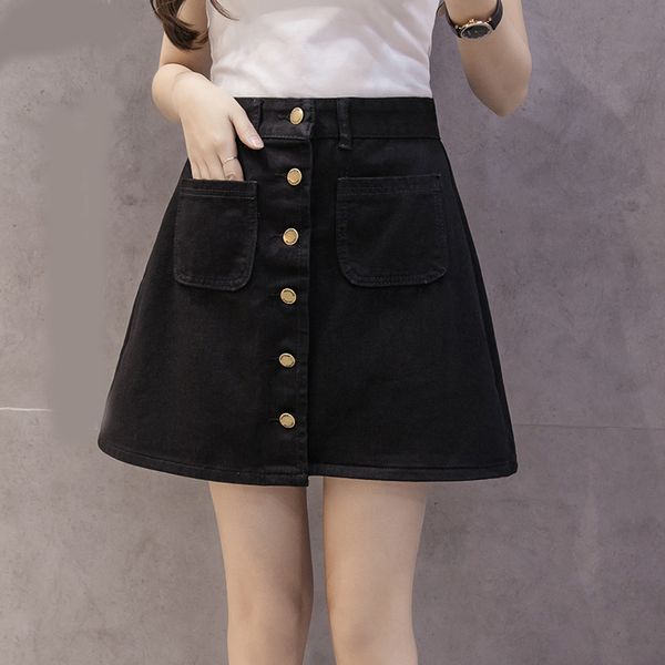 

denim women mini skirt summer vintage high waist korean single button pockets blue jeans a-line ladies saia jupe femme with belt, Black