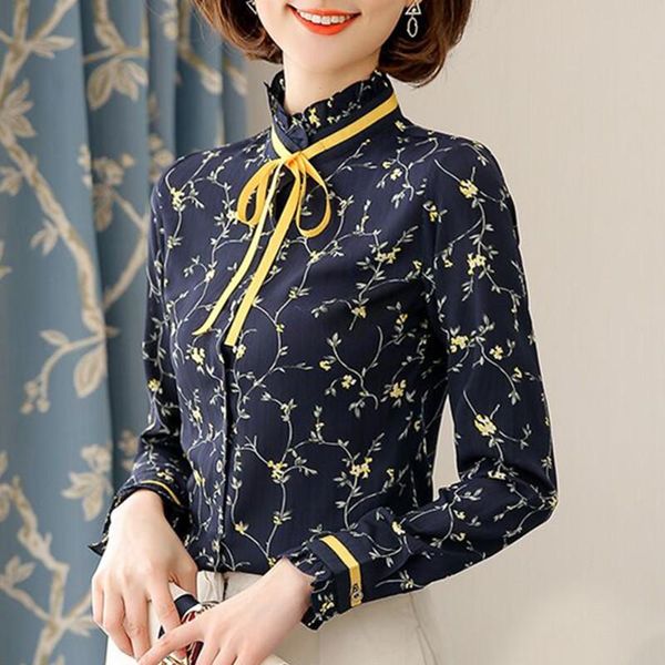 

women's blouses & shirts fashion stand collar shirt long sleeve women spring elegant formal slim print chiffon blouse office lady plus, White