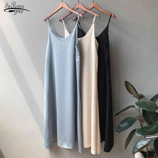 Summer Seta Casual Solid Dress Solid Dress Vestidos Donne lunghe Sexy senza maniche Elegante Maxi stile coreano V Corse 9474 210427