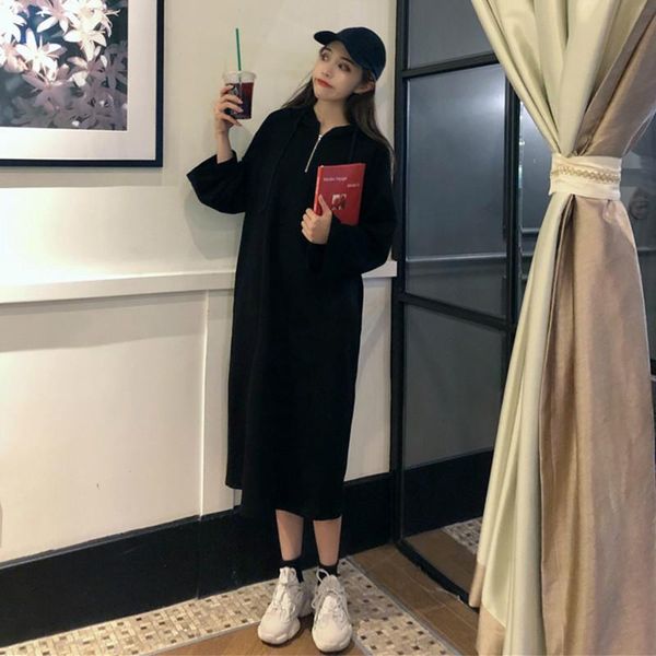 

casual dresses women's clothing spring and autumn korean style straight hooded full loose long dress temperament, Black;gray