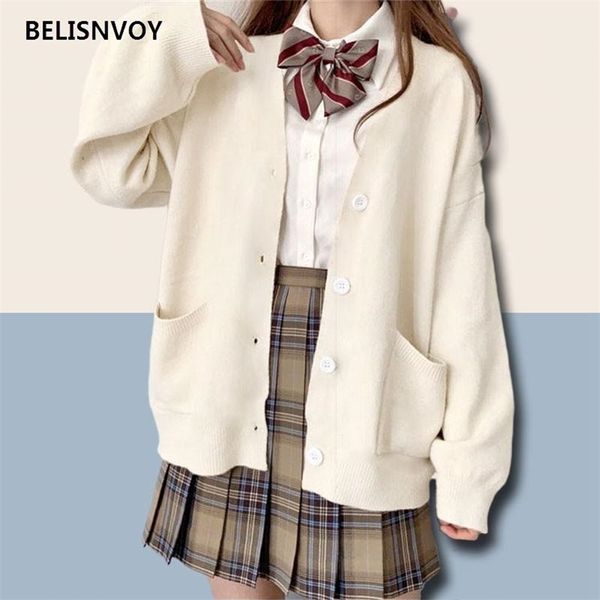 Japan Schule Pullover Frühling Herbst Strickjacke Einfarbig V-ausschnitt Baumwolle Gestrickte JK Uniformen Mehrfarbig Student 210520