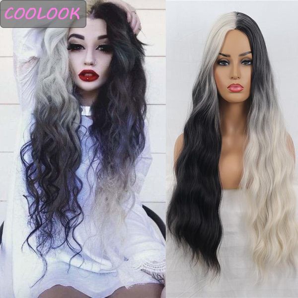 

synthetic wigs water wave for black women 30''long half white loose ombre fibre fake hair cosplay
