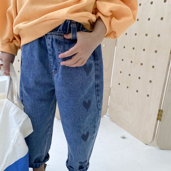 

spring kids children heart printing casual jeans all-match denim pants boys and girls jeans, Blue