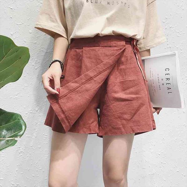 

summer women cotton linen shorts leisure loose fake 2-piece skirt short elastic waist casual fashion solid big plus size -4xl, White;black