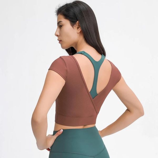 

v-neck yoga dance sport cropped t-shirt crop women running fitness short-s tee outfit