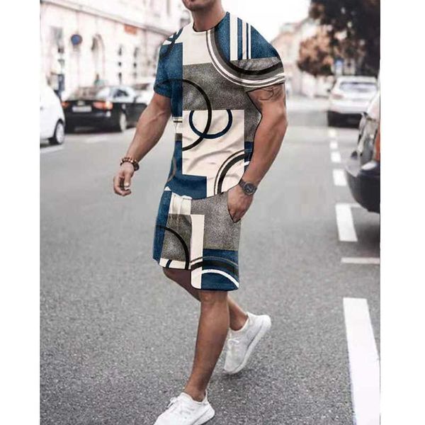 Neue männer Zwei Stücke Set T-shirt Und Kurze Jogging Geometrische Coole Druck Lose Set Sommer Einfarbig Shorts Mode trainingsanzüge X0909