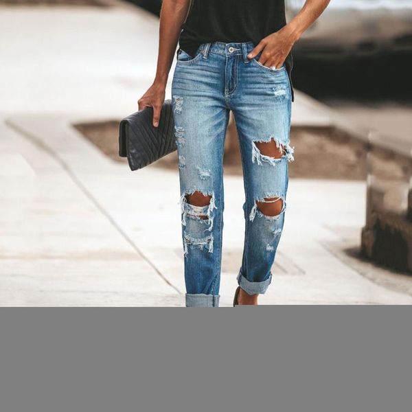

women's jeans fashion denim for women ripped hole stretch jean ladies plus size full length pencil pants 2021, Blue