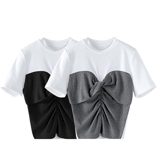 

women's t-shirt summer fake two piece design woman tshirts chic panelled patchwork pleated tee fashion short sleeve slim waist t shirt, White