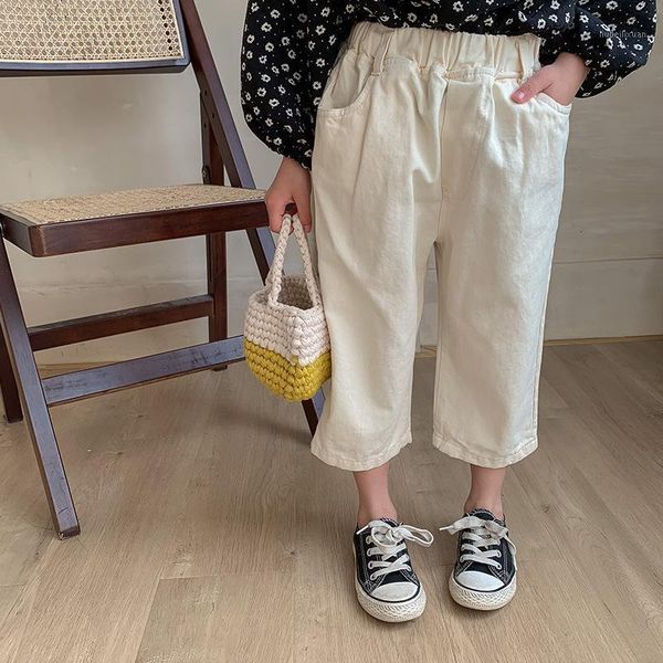 

girls 2021 spring white pant straight loose nine cents cotton casual toddler children fashion solid color wide leg trousers1, Blue
