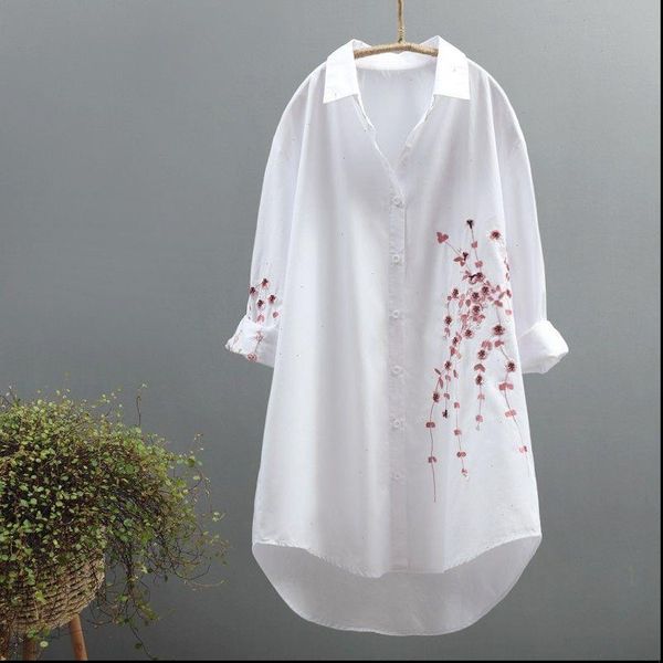 

plus size 100% cotton womens blouses white summer embroidery floral long and casual shirt dress