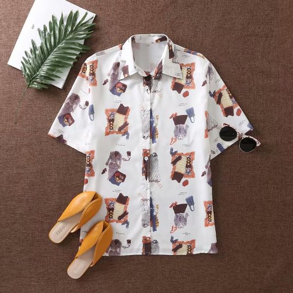 

women's t-shirt 2021 summer women printing t shirt lapel clothes pattern printed loose short sleeve single breasted for female, White