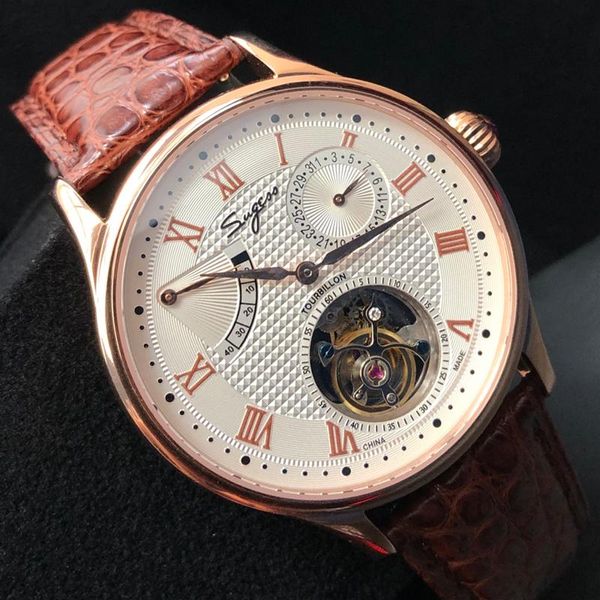 

wristwatches luxury watch men designer brand famous sugess tourbillon seagul movement st8001 sapphire 50m waterproof leather strap, Slivery;brown