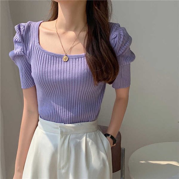 

cmaz women t-shirts short sleeve square neck knitted solid striped puff sleeve tshirt slim female clothing 926# y0621, White