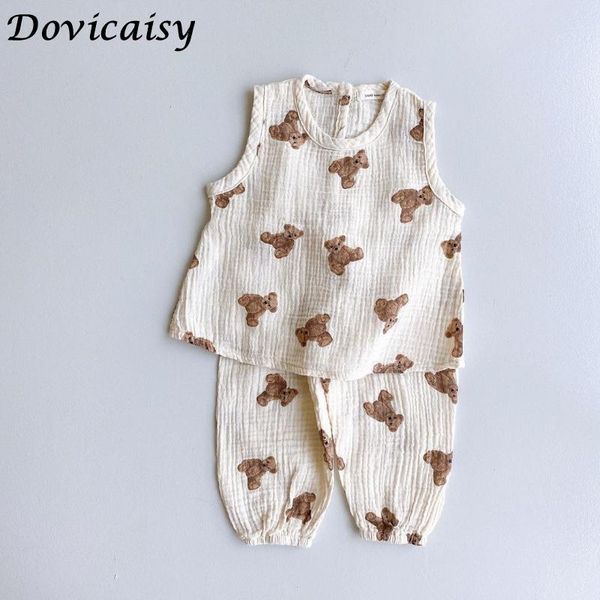 

clothing sets summer baby boy girl clothes set fashion cartoon bear pattern cotton sleeveless + kid casual loose pant 2pcs, White