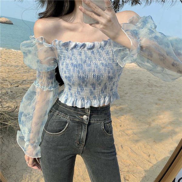 Frauen Sexy Off Schulter Rüschen Organza Blusen Lange Puff Sleeve Mesh Sheer Crop Tops Hemd Slash Neck Kurze Bluse 210527