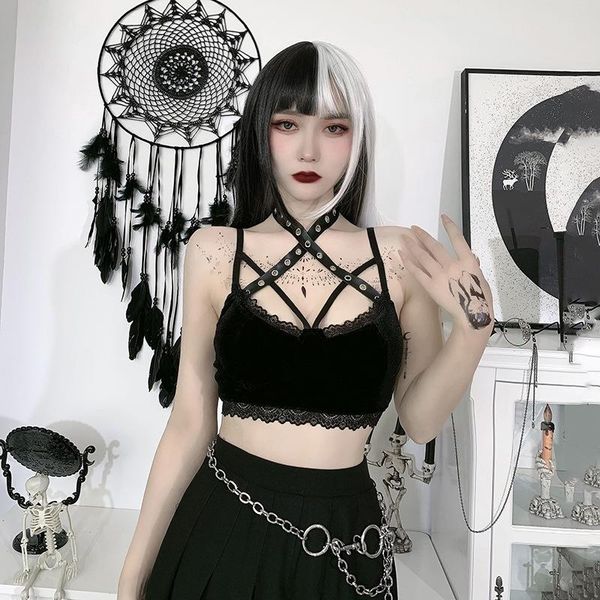 

women's tanks & camis lace trim crop punk goth bandage black apparel streetwear hollow out grunge gothic style backless camisoles, White