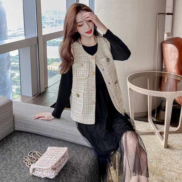 

women's vests 2021 french vintage elegant lady small fragrant wind tweed waistcoat jacket female spring autumn sleeveless vest top, Black;white