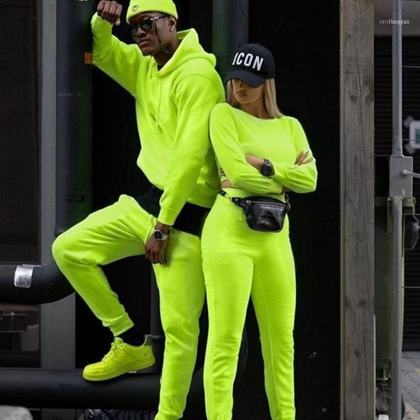 

men's tracksuits neon male solid 2 pieces sets tracksuit men brand couple wear casual autumn winter hooded sweatshirt + drawstring jogg, Gray