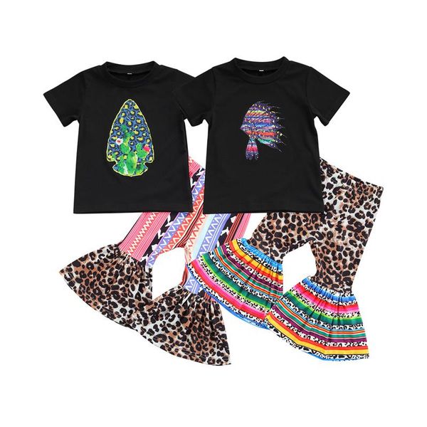 

2-6years infant kids girls clothes sets pattern printed short sleeve t shirts leopard striped flare pants clothing, White