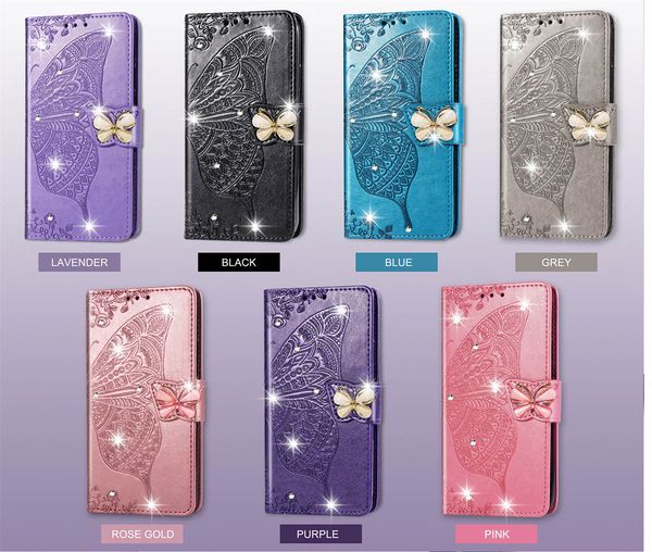 Case di telefono del portafoglio per iPhone 14 13 12 11 Pro Max xs xs xr 7 8 più grande farfalla che goffra la Rhinestone PU Flip Kickstand Case con slot di carte