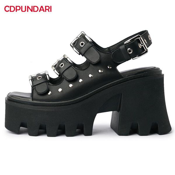 

rivet genuine leather high heels gladiator sandals punk women summer casual platform shoes sandales femmes 2021 sandalias mujer dress, Black