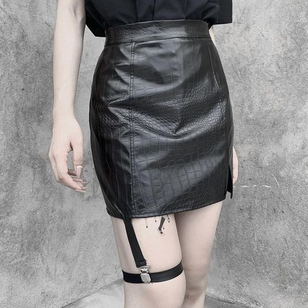 Ruibbit Kunstleder-Gothic-Mode, figurbetont, schwarze Röcke, Grunge-Schnürung, hohe Taille, A-Linien-Minirock mit Reißverschluss, Damen-Partykleidung