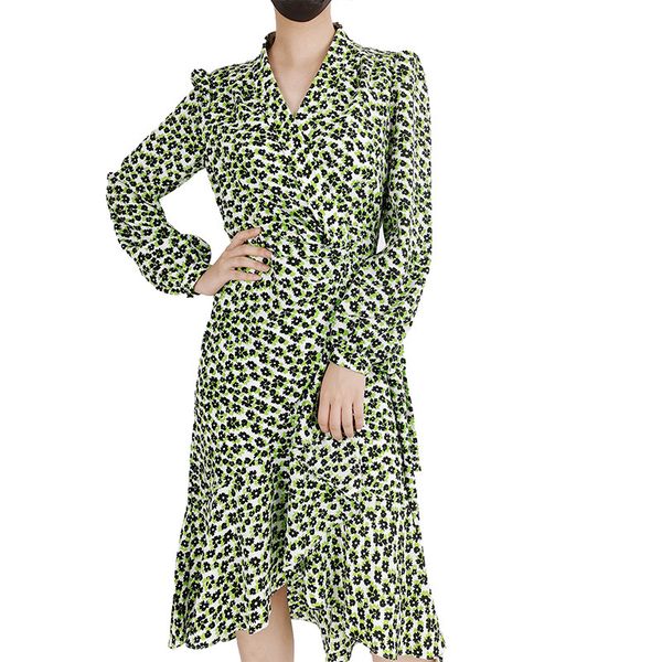 

dress women's elegant fairy workplace chemical fiber cloth printed broken flower wavelet point wrapped waist slim, White;black