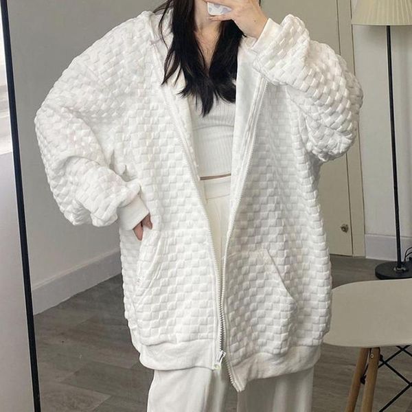 

women's knits & tees femme zip up sweatshirts hoodies jacket women thin long-sleeved hooded solid retro plaid sweater korean fashion ou, White