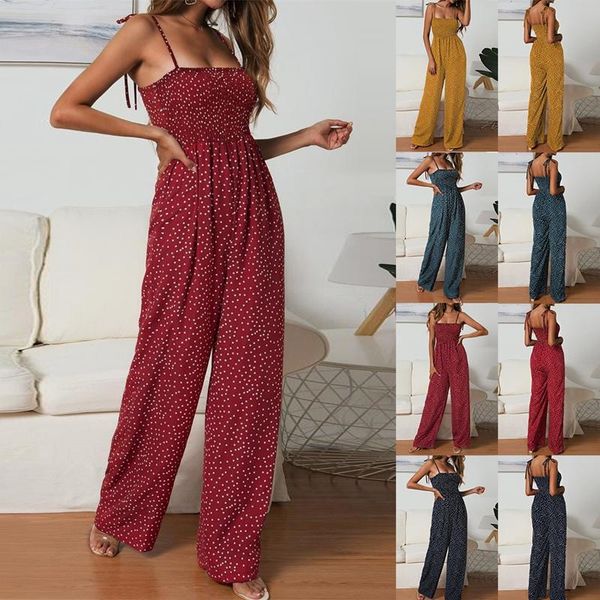 

women summer jumpsuit polka dot high waist rompers boho spaghetti strap wide leg pants women's jumpsuits &, Black;white