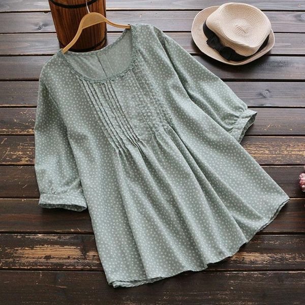 

women's blouses & shirts sweet flower embellished neck ruched polka dot print woman half sleeve casual cotton female loose blusas, White