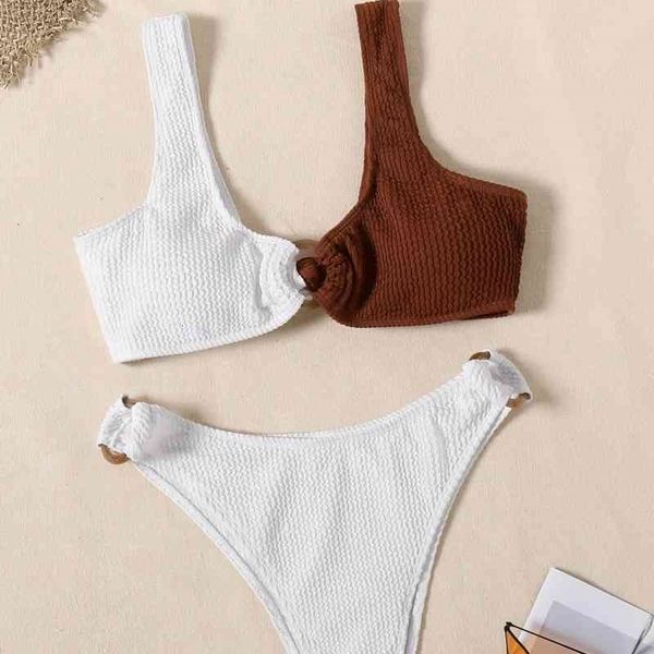 

women's swimwear white and brown color patchwork bikini women female swimsuit two-pieces set chest tied bathing suit txlg, White;black