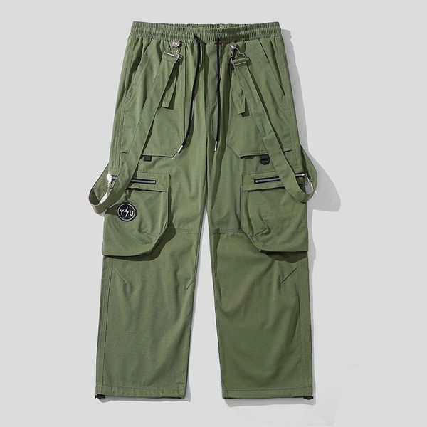 

men's pants 2021 spring summer brand loose casual functional overalls, fashion trend, big pockets, drawstrings, thin trousers, Black