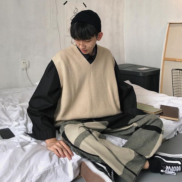 

women's vests men's knit vest 2021 spring v-neck solid color loose self-cultivation pullover thin sweater youth casual clothing, Black;white
