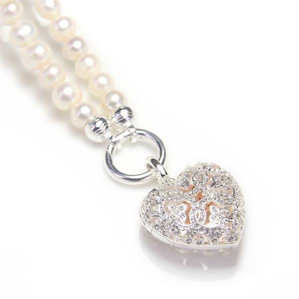 

thomas white zircon-paved freshwater pearl necklace with open-able locket heart pendant, european fine jewelry for women ts n309, Silver