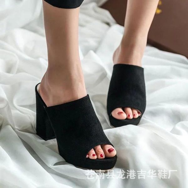 

slippers med square heel shoes women summer peep toe pantofle slides flock platform block 2021 fabric basic hoof heels, Black