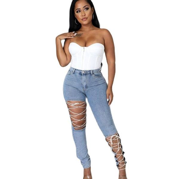

women's jeans 2021 pencil pants bandage hollow high waist elastic hole personality fashion ladies streetwear, Blue