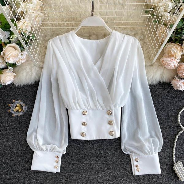 

ladys autumn retro british womens shirt double breasted high waist short chiffon blouse n971, White